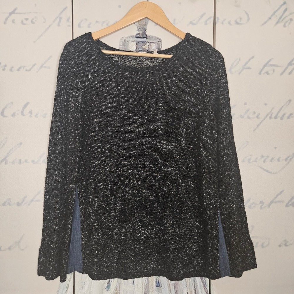 Soft Surroundings Black Sparkle‎ Knit Denim Trim Side Split Sweater PM